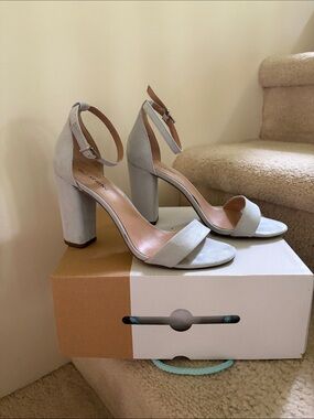 Call It Spring Light Gray Suede Ankle-Strap Block Heels